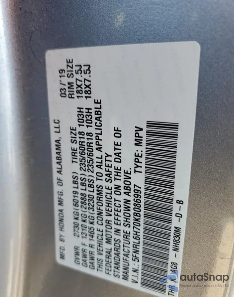 2019 Honda Odyssey Exl from USA, damaged, VIN 5FNRL6H70KB086997
